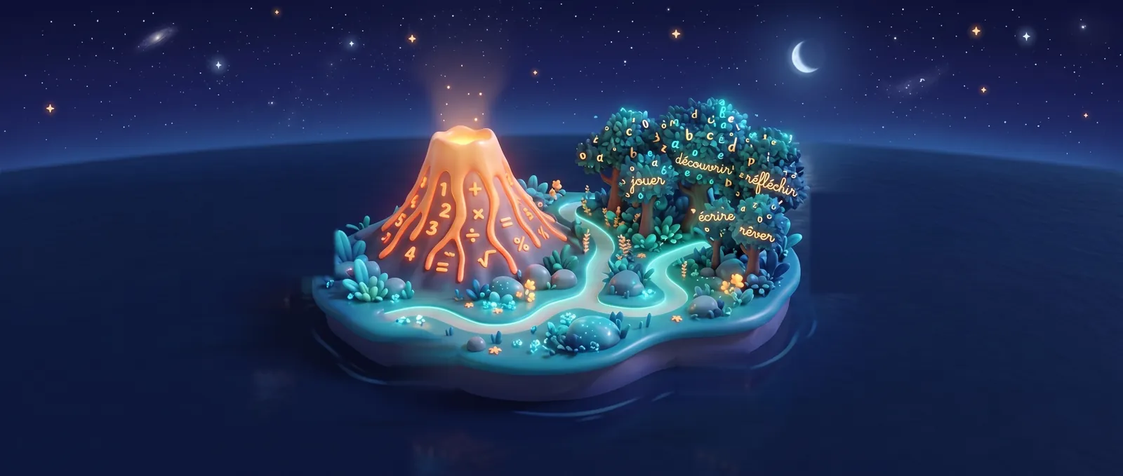 L'Île des Défis : le Volcan des Nombres, la Forêt des Mots, et les quiz des professeurs plantés en mer